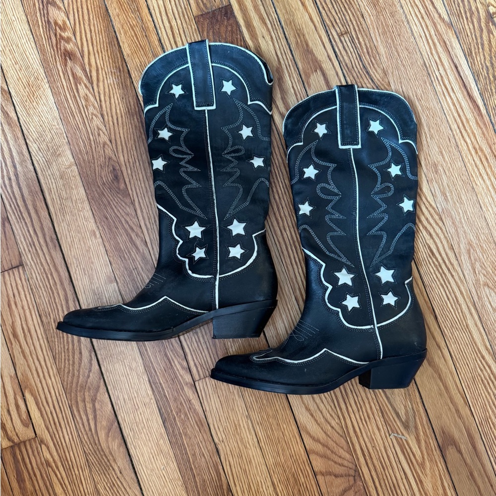 Zara Black Cowboy Boots with Star Accents